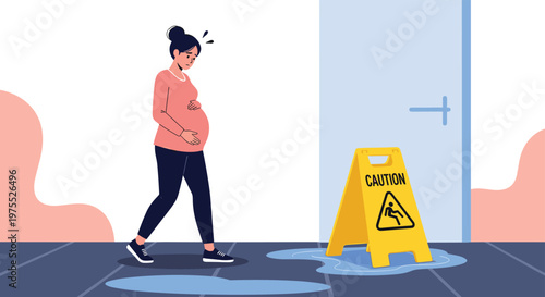 Concerned pregnant woman walking carefully towards a yellow caution sign on a wet floor to avoid slipping and falling.