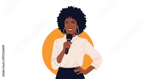 Confident African American woman with an afro hairstyle holding a microphone and standing in front of an orange circle background.