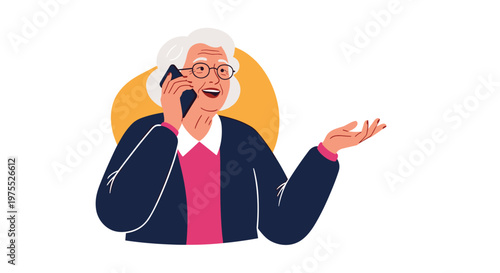 Happy elderly woman with gray hair and glasses talking on her smartphone and gesturing with her hand on a white background.