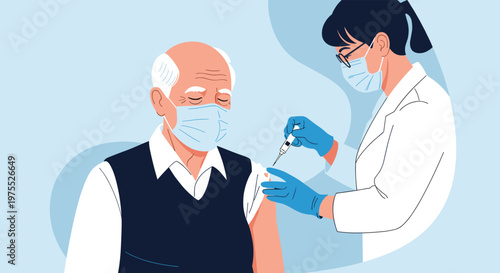 Female doctor wearing a face mask and gloves administering a vaccine to an elderly man also wearing a face mask on a blue background.