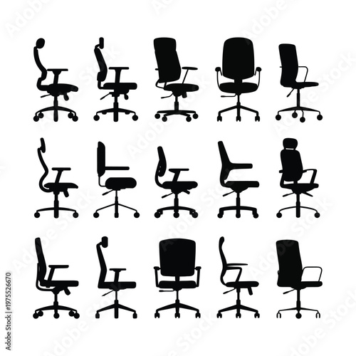 A collection of office chairs in various positions and designs
