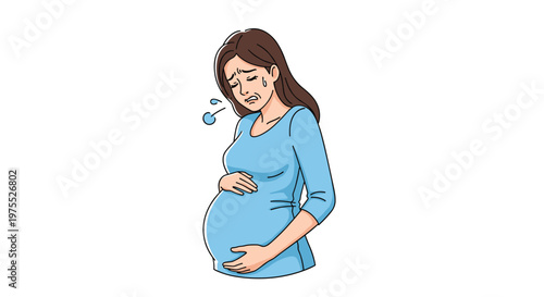 Tired and sweating pregnant woman in a blue shirt holding her belly while experiencing pain or heavy fatigue during her pregnancy.