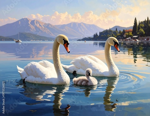 Serene lake scene with swans and a cygnet at sunset