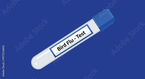 Laboratory test tube for bird flu virus diagnosis on a dark blue background with a white label for medical and health research.