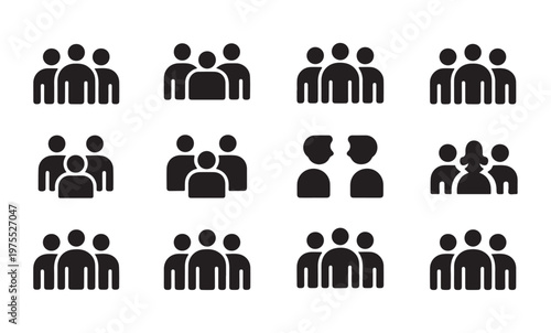Collection of people group icons representing social connections and teamwork for design.