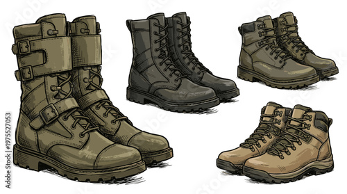 Detailed military combat boots vector set featuring tall buckled footwear and short tactical shoes for army and outdoor trekking design