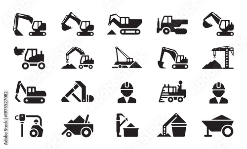 Excavator and heavy construction equipment vector icon set for industrial mining machinery.