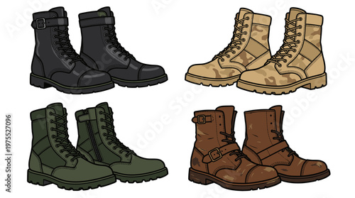 Set of four military combat boots vector illustration in black, camouflage, green, and brown colors for tactical army equipment design