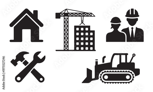 Construction site icons set flat design building crane equipment vector.