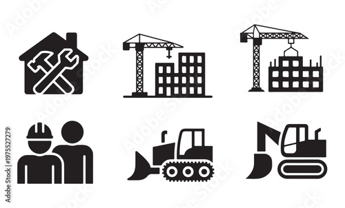 Construction industry icons building crane bulldozer excavator vector silhouette.