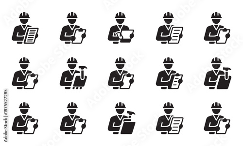Construction worker icons with clipboard and tools flat design silhouette vector.