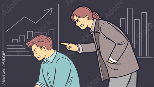 Vector illustration of boss criticizing employee at workplace. Corporate stress, performance review, toxic management, office tension, job anxiety, and business conflict concept.