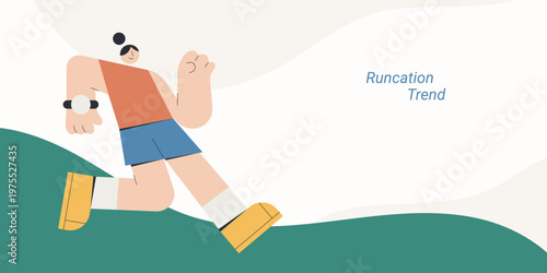 Flat style illustration of a woman person running outdoors wearing smartwatch on a green hill landscape, representing runcation trend, active travel and healthy lifestyle concept.