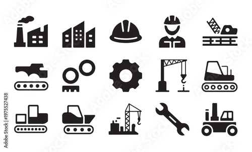 Industrial construction and heavy machinery icons set, collection of web vector illustrations.
