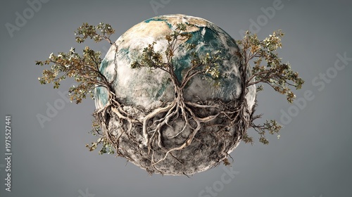A conceptual image showing Earth entwined with tree roots and branches, symbolizing the deep connection between nature and the planet.