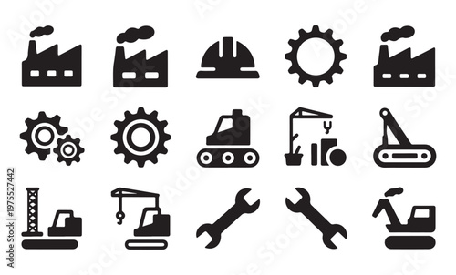 Industrial manufacturing and construction vector icons set, collection of web illustrations.