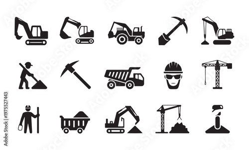 Construction and mining heavy equipment vector icons set, collection of flat illustrations.