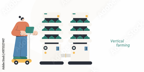 Flat style illustration of a woman person using laptop on a mobile cart to monitor smart vertical farm units growing vegetables, representing vertical farming, agritech and sustainability concept.