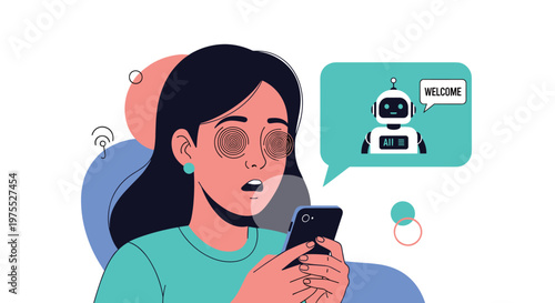 Woman with hypnotized eyes looking at her smartphone while a robot in a speech bubble says welcome on a colorful abstract background.