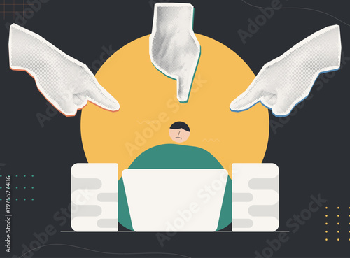 Trendy Halftone Collage style illustration of a stressed person at laptop overwhelmed by three pointing hands and stacked documents, representing mental burnout, work pressure and overload concept.