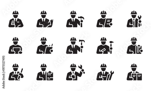 Engineer icons set with hard hats holding blueprints tools and construction plans.