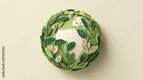 A stylized globe with Africa at the center, surrounded by lush green leaves symbolizing nature and environmental sustainability.