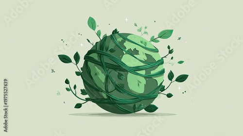 A green Earth wrapped in vines and leaves symbolizes nature, environmental protection, and eco-friendly sustainability.