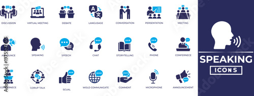 Speaking solid icon set. Talking icons collection. advice, announce, communicate, conference, debate, dialogue, conversation and more.  Perfect icon collection.