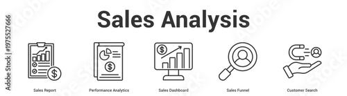 Sales Analysis web banner icon set vector illustration concept for business with icon of Sales Report, Performance Analytics, Sales Dashboard, Sales Funn.