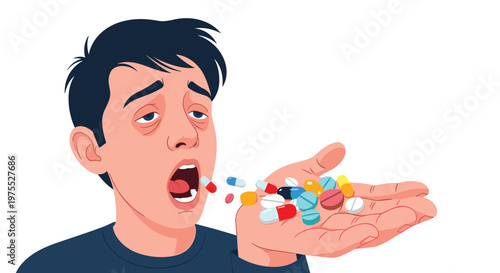 Exhausted man with dark circles under his eyes about to ingest a large handful of various colorful medicinal pills and capsules.
