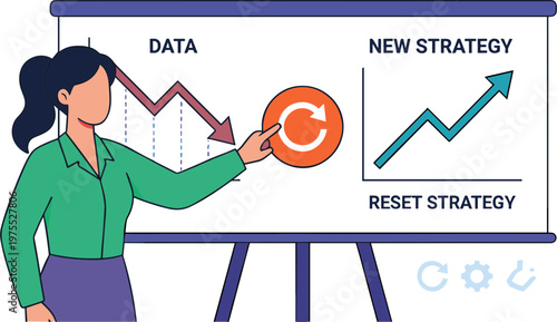 Businesswoman presents new strategy on whiteboard with arrow graphs.