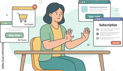 Woman sitting at desk interacting with multiple webpage popups on her computer.