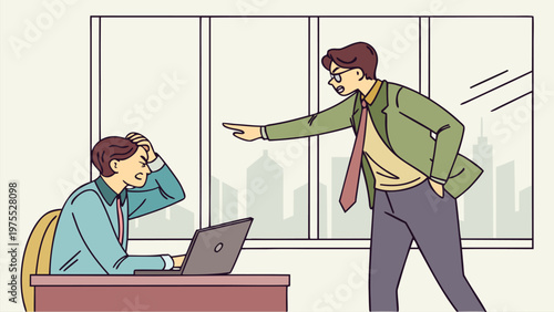 Vector illustration of supervisor shouting at worker in meeting room. Workplace dispute, employee stress, toxic office culture, job conflict, and business pressure concept.