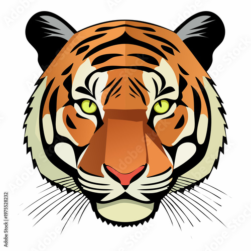 Close-up illustration of a majestic tiger's face, showcasing its striking orange and black stripes, piercing green eyes, and fierce expression, a symbol of power and wild beauty
