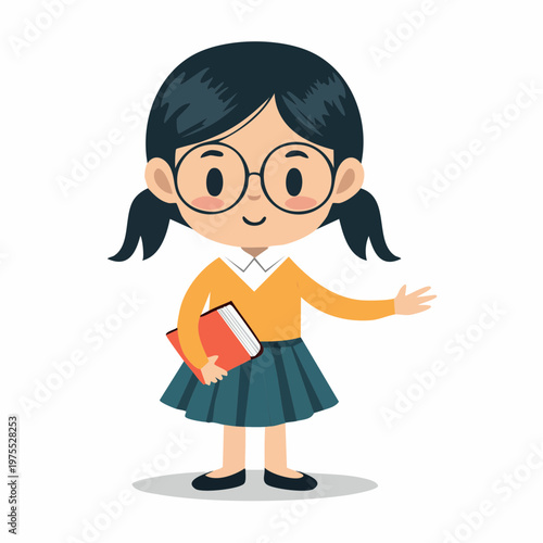Cute little girl in glasses holding a book, smiling and waving, conveying a friendly and approachable demeanor, perfect for educational or children's content