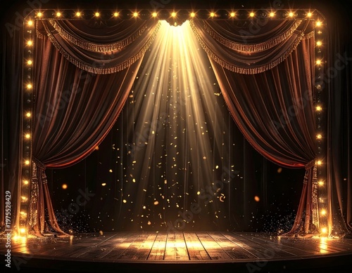 Golden Theater Stage With Dramatic Spotlight and Falling Confetti Lights Up The Dark