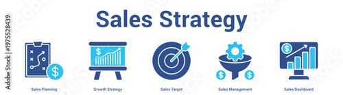 Sales Strategy web banner icon set vector illustration concept for business with icon of Sales Planning, Growth Strategy, Sales Target, Sales Manageme.
