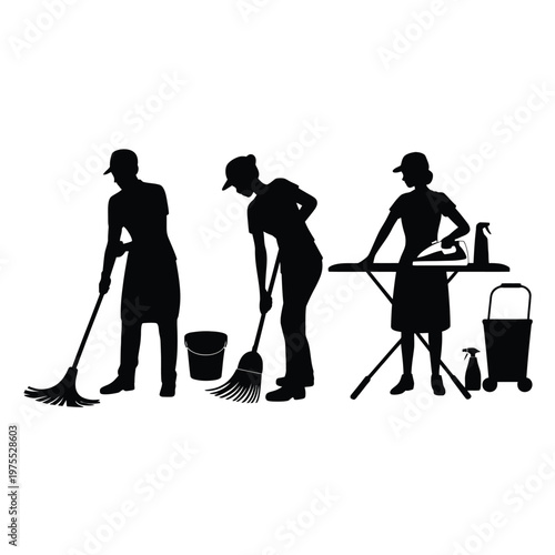 Three women in silhouette doing household chores with cleaning supplies