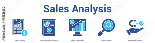 Sales Analysis web banner icon set vector illustration concept for business with icon of Sales Report, Performance Analytics, Sales Dashboard, Sales Funn.
