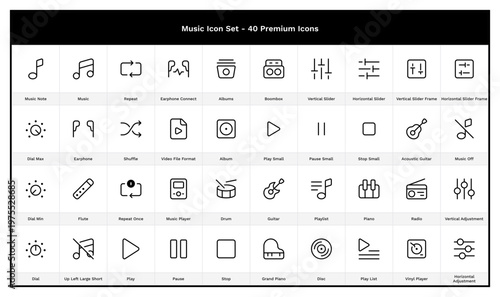 Music & Song Icon Set. 40 Audio Outline Icons. Piano, Instrument, Drum, Guitar, Playlist, Earphone, Vinyl Player, Note, Percussion, Flute, Pause, Stop, Play, Dial, Sound, Audio, Concert, Disc, Album