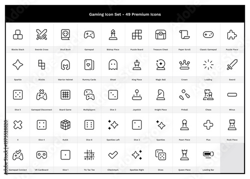 Gaming & Hobby Icon Set. 49 Video Game Outline Icons. Chess, Gamepad, Dice, Puzzle, Board, Competitive, Tournament, Controller, Joystick, Sparkle, Enemy, Ghost, Multiplayer, Versus, MMORPG