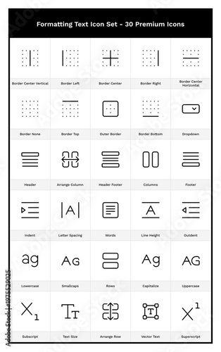 Formatting Text Icon Set. 30 Document Editor Outline Icons. Letter Spacing, Uppercase, Lowercase, Column, Row, Indent, Outdent, Font, Titlecase, Capslock, Subscript, Superscript, Text, Paragraph