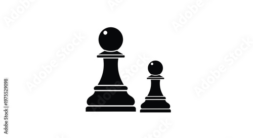 A simple graphic depicts two black chess pawns one larger than the other against a white background