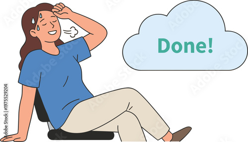 Woman sits on chair with hand on forehead and thought bubble saying done