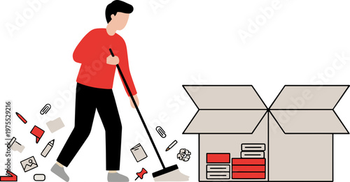 Man sweeps debris into box on floor with broom indoors