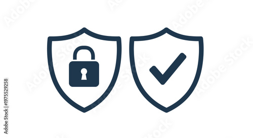 Vector graphic illustration of two shield icons representing security and protection with a lock and a checkmark