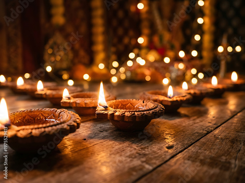 Beautiful Lit Clay Diyas for Diwali Festival Celebration