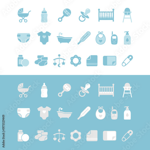 Baby care icons on blue background.