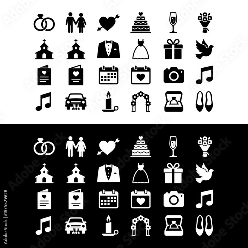 Black and white wedding icons set.
