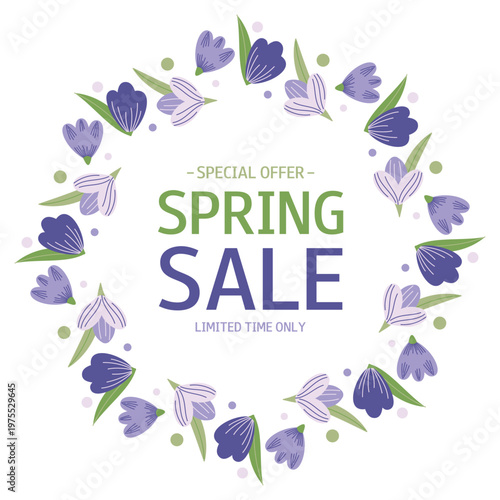 Spring Sale. Wreath from tulip and crocus. Special Offer.  Limited Time Only. Template for design, banner, advertising, online store, shop window, promotion, sell-out.